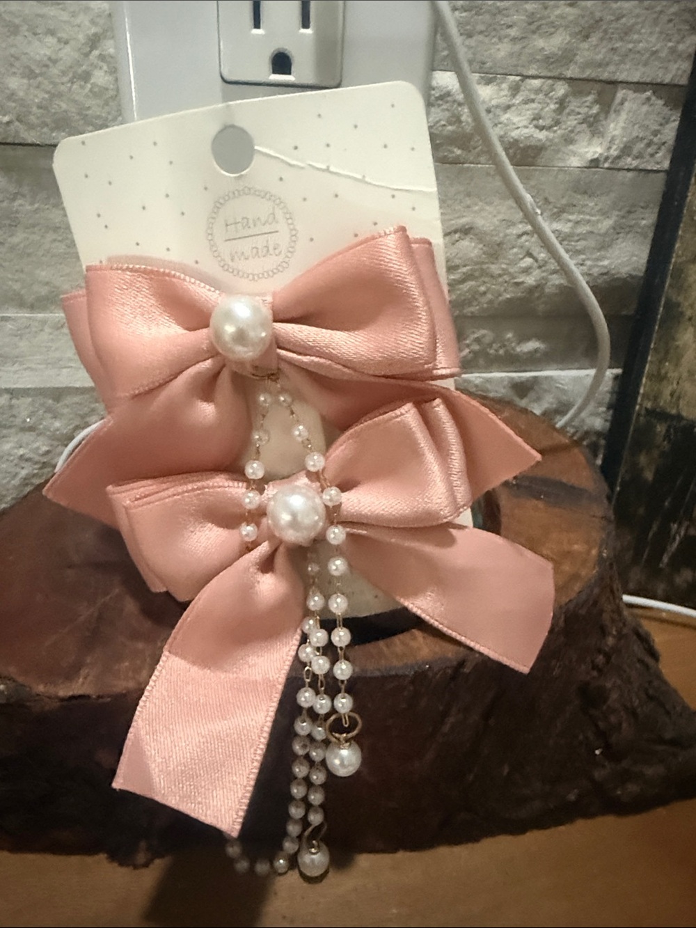 Pink Satin Pearl Bow Hair Clips